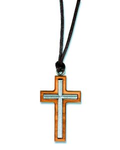 Halskette "Kreuz" - Silber auf Olivenholz