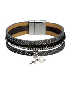 Armband mit Anhänger Perle und Kreuz - grau