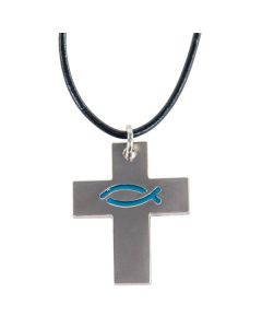 Kette "Kreuz mit Ichtys-Fisch" - blau